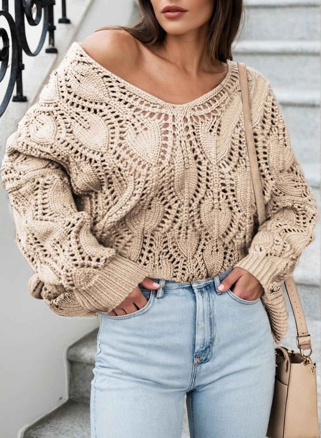 Detalle de Dokotoo Women's V-Neck Crochet Sweater, Long-Sleeve Open-Knit Pullover
