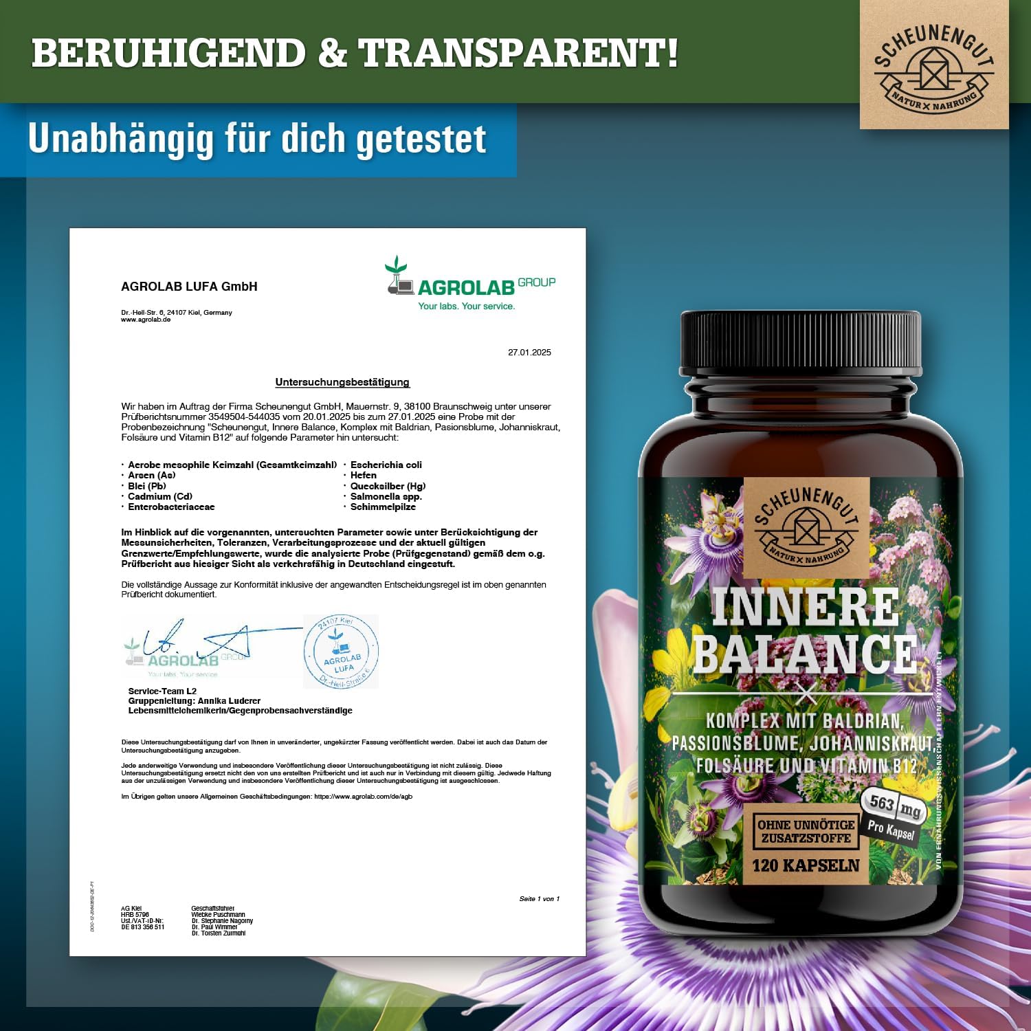 Thumbnail 5 de INNERE BALANCE® Passionsblume Johanniskraut Baldrian Hochdosiert – Laborgeprüfter Markenkomplex mit Hypericin, Hyperforin, Folsäure & Vitamin B12 (120 Kapseln)
