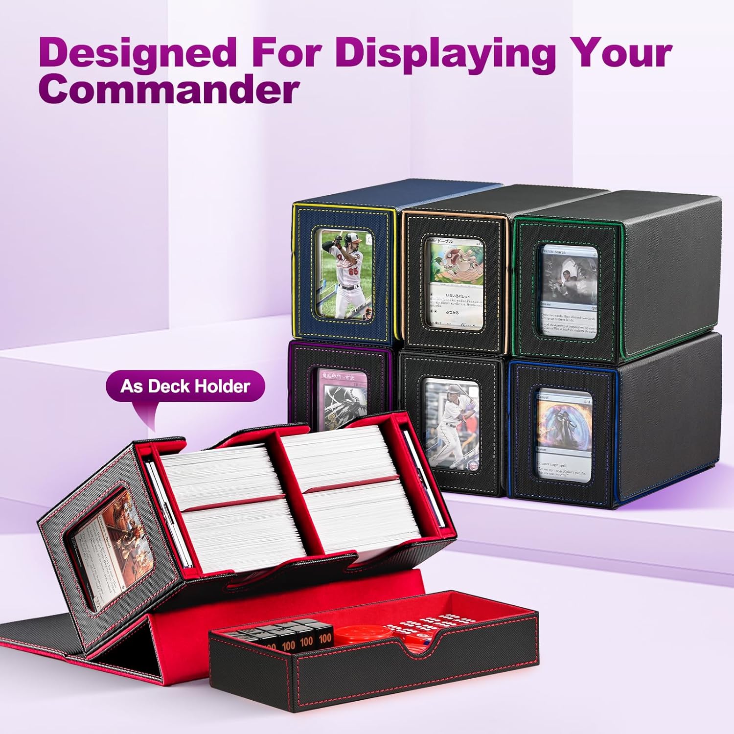 Detalle de UAONO MTG Deck Box with 2 Commander Display and Dice Tray – Double Deck Box for 250+ Sleeved Cards (Black & Purple)