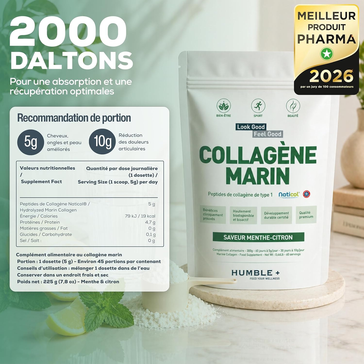Detalle de Collagène Marin Naticol® en poudre – Menthe-Citron, 300 g (60 doses) — Fabriqué en France, pour peau, articulations et récupération musculaire