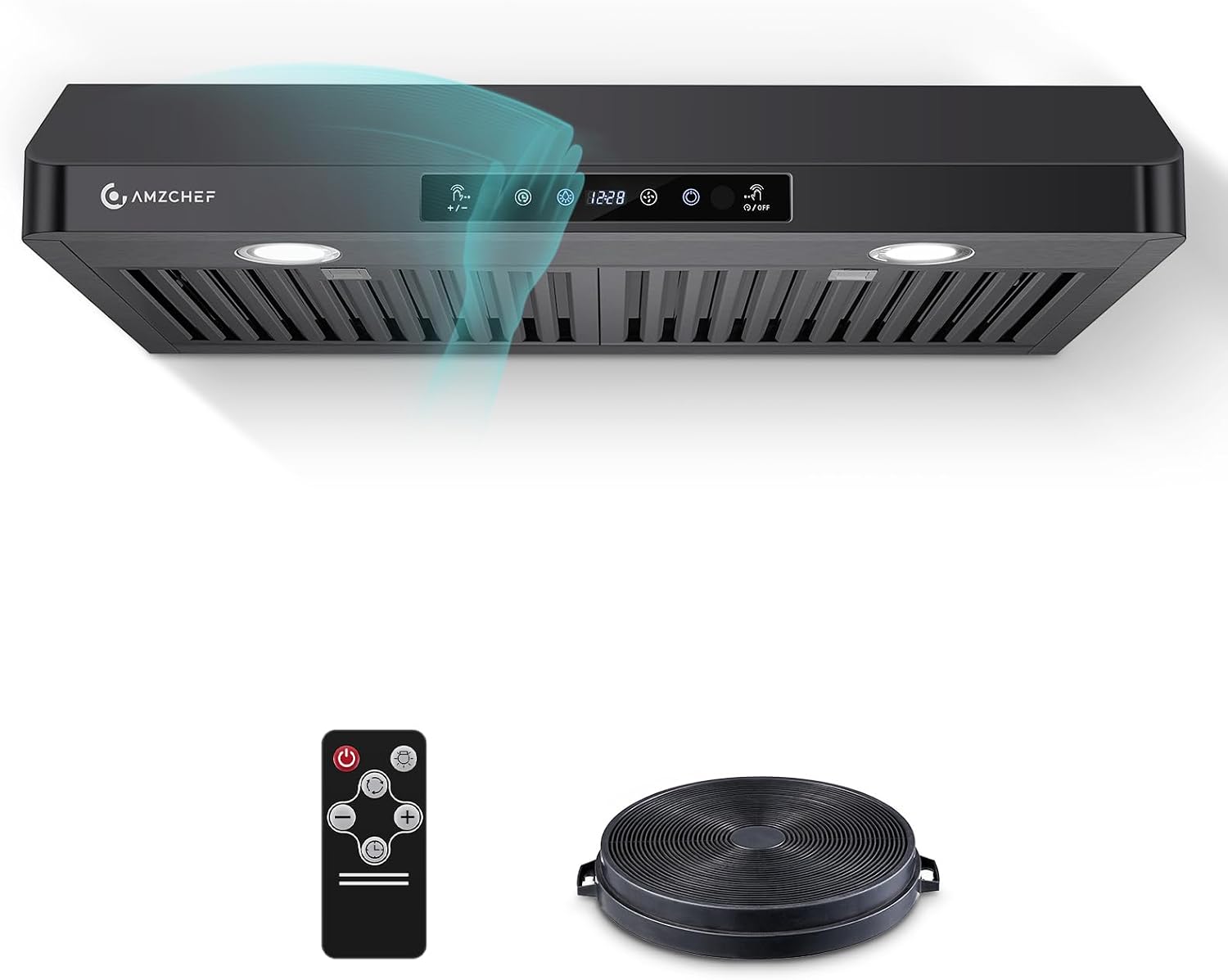 Detalle de AMZCHEF PSP-UL0176C1-BK 30-Inch Range Hood, 750 CFM, Black Stainless Steel