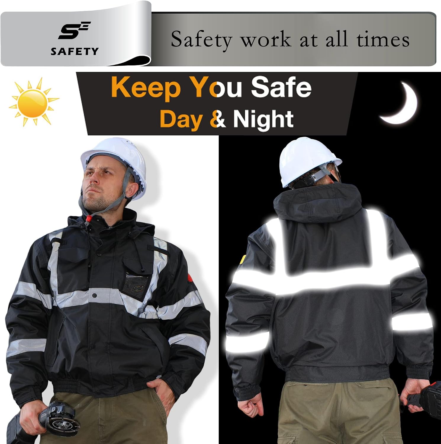 Detalle de sesafety High-Visibility Class 3 Waterproof Bomber Jacket with Reflective Strips