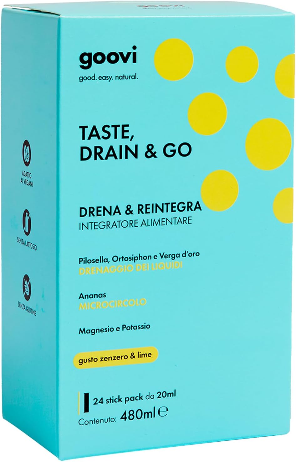 Detalle de Goovi Taste Drain & Go — Integratore drenante con magnesio e potassio, 24 stick all’aroma zenzero e lime