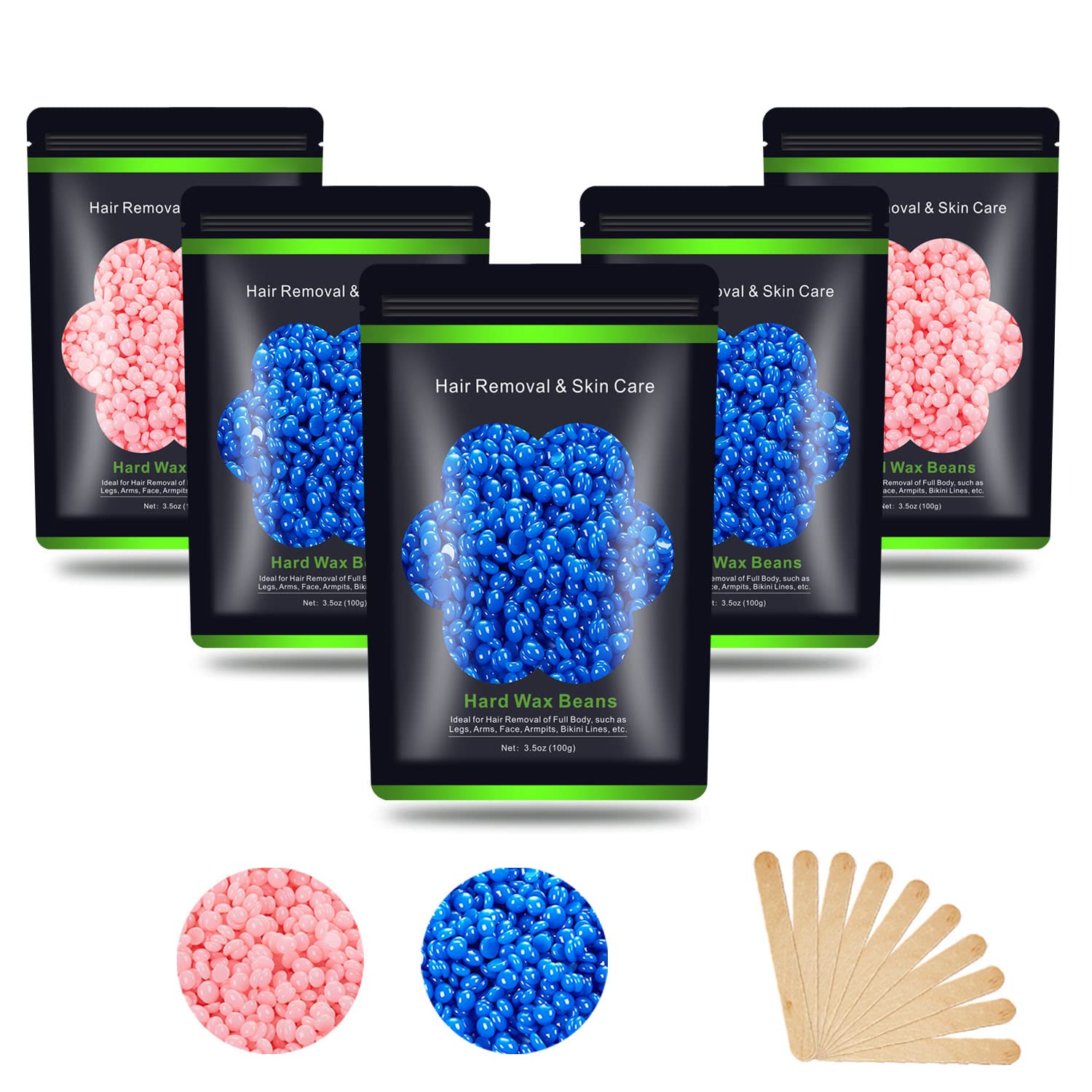 Hard Wax Beans 17.5Oz Multi-Pack with 10 Spatulas for Body & Face – Pearl Wax for Painless Hair Removal