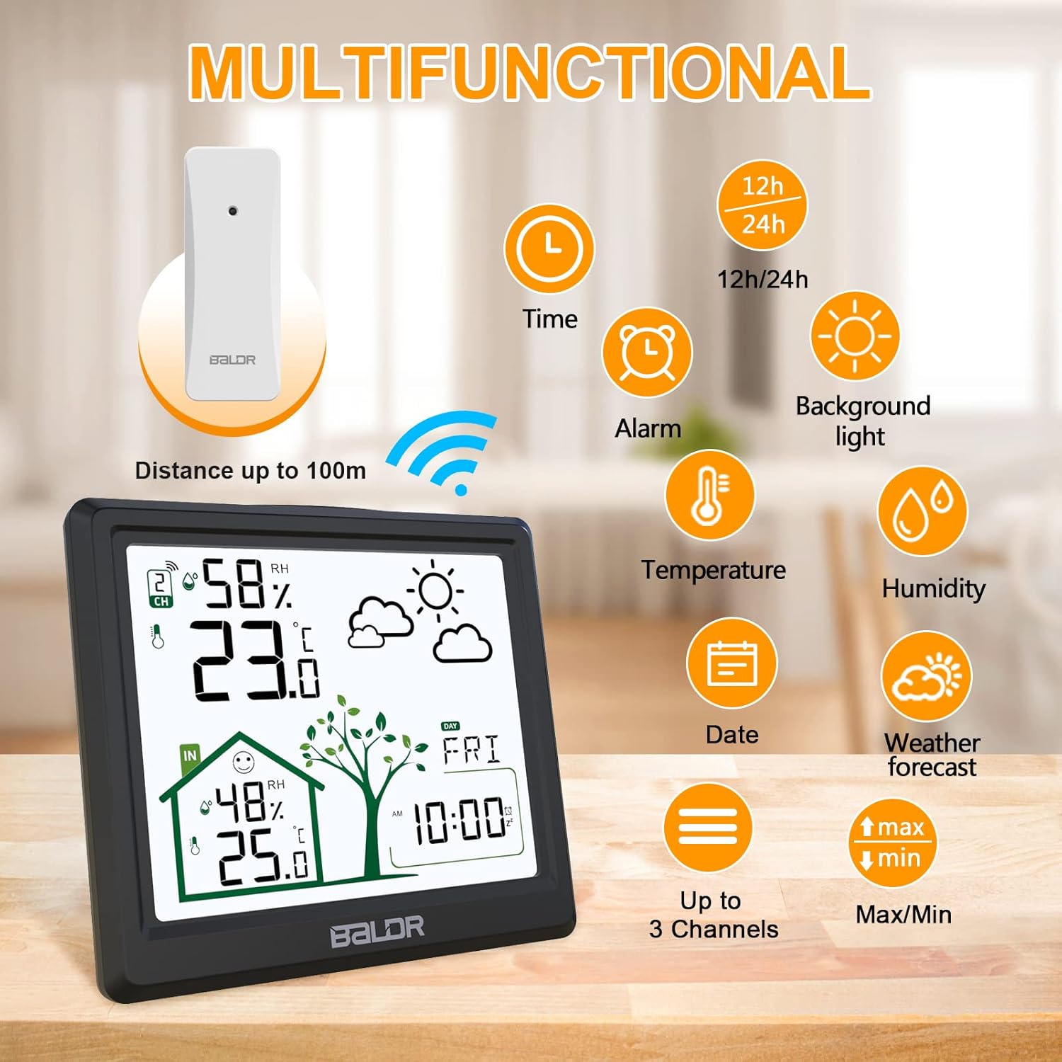 Detalle 2 de LEVIPE Stazione Meteorologica wireless con sensore esterno – schermo 4,9'', sveglia e previsioni del tempo