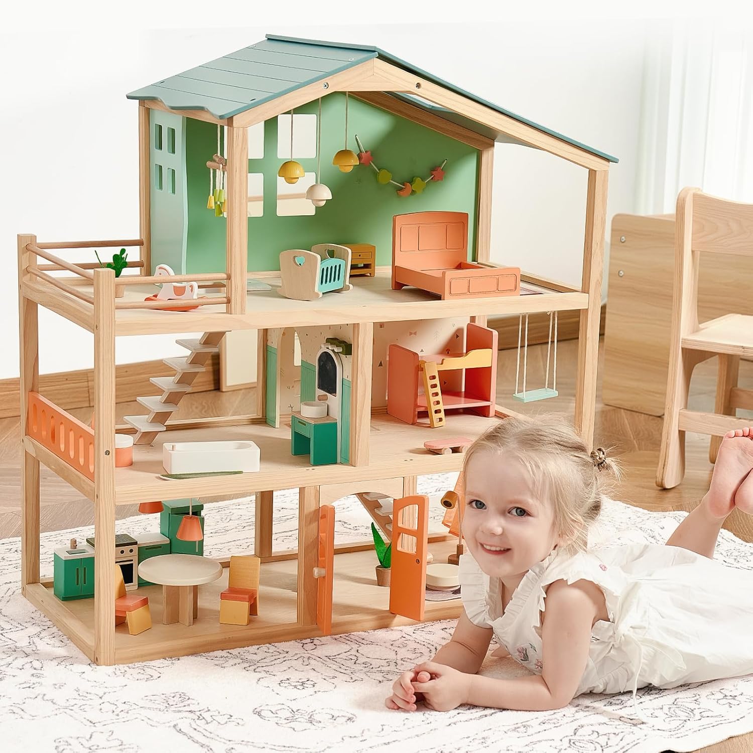 Detalle de Giant bean Large Wooden Dollhouse with 32-Piece Furniture Set, 3-Story 5-Room Playhouse