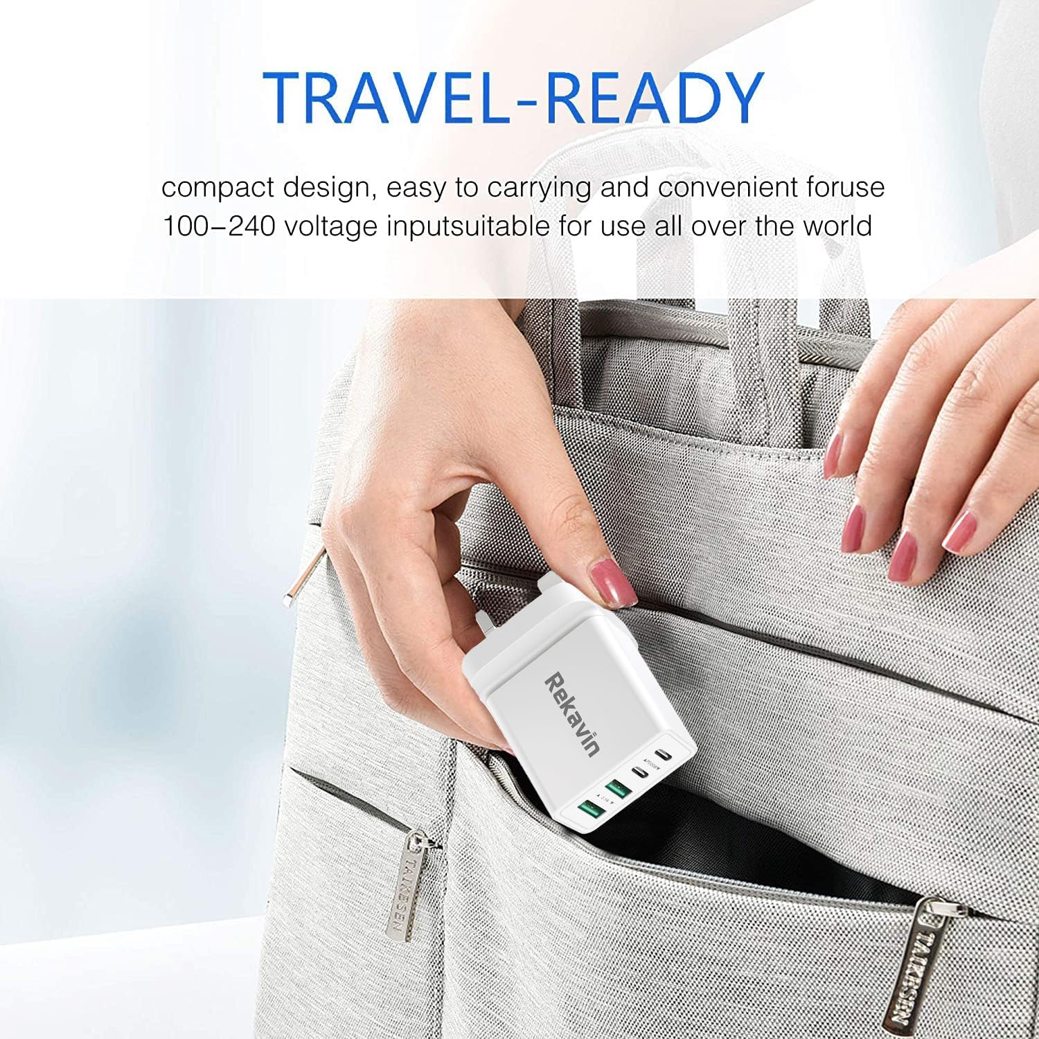 Detalle 2 de Rekavin 40W Multi USB and USB-C Charger Plug (UK fast charge, dual USB-C + dual USB-A) for iPhone, iPad and Apple Watch