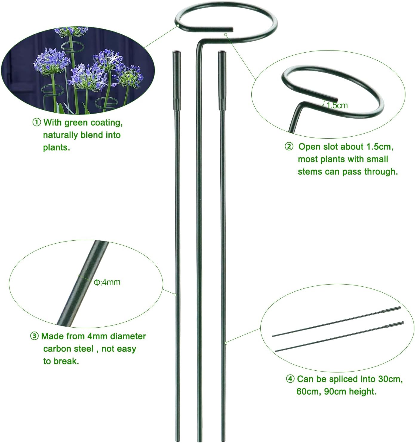 Detalle de Homvvi 8 Pack Plant Support Stakes – 35 Inches Adjustable Single Stem Flower Support with Open Ring Design