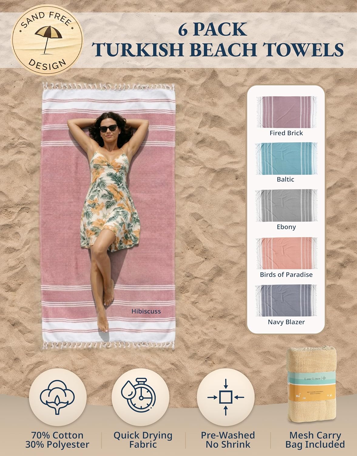 Detalle 2 de LANE LINEN Beach Towels 6 Pack: Cotton Rich, Oversized, Pre-Washed and Quick-Dry
