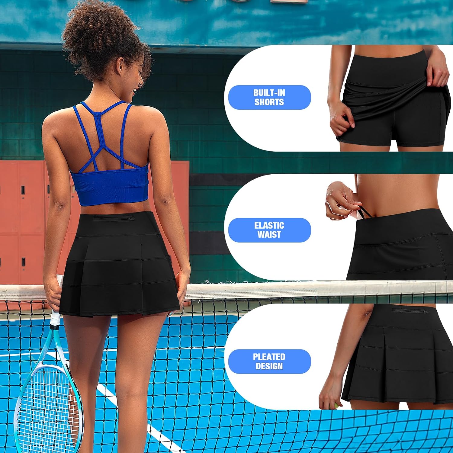 Detalle de JoyGirl Women's Tennis Skirt with Shorts: Pleated 2-in-1 Skort with 3 Pockets and High Waist