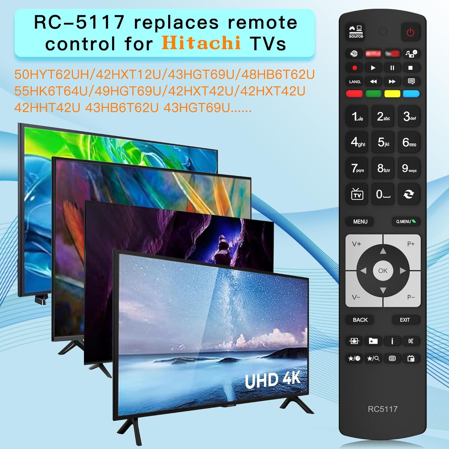 Detalle 2 de New RC5117 Replacement Hitachi TV Remote for Hitachi, Luxor, Bush, Digihome, Finlux, JVC – No Setup Required