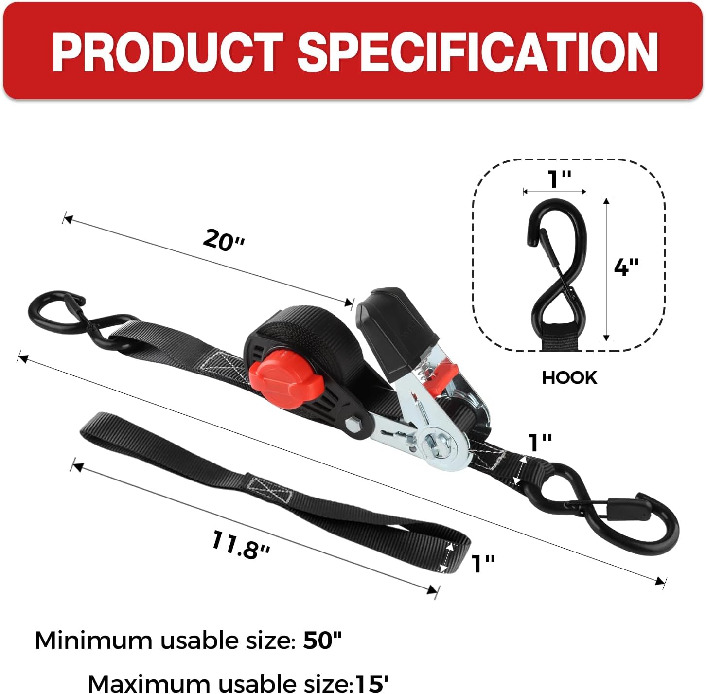 Thumbnail 3 de NeatStrap Ratchet Strap with Safety Lock Chromoly S Hooks (1,500 lbs) – 4 Pack, 1" x 15