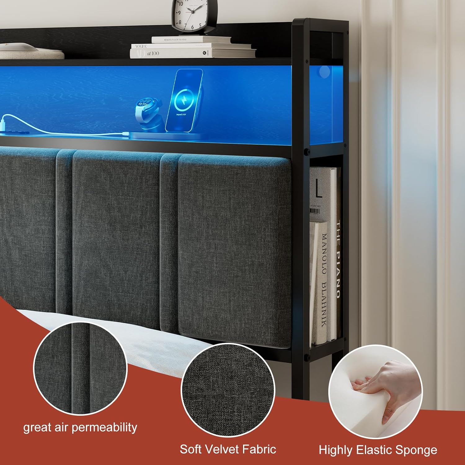 Detalle 2 de Isometrics HB061GKGY Queen Bed Frame with Storage, Grey Upholstery and RGB LED