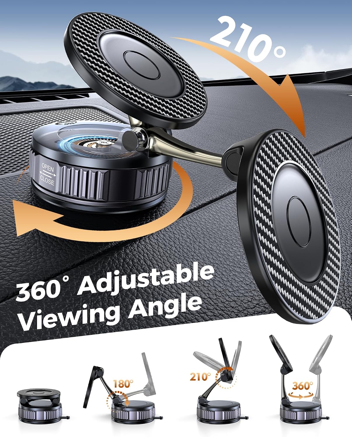 Thumbnail 6 de Car Phone Holder for MagSafe with Carbon Fiber Look — 108LBS Vacuum Suction Mount, 360° Adjustable Magnetic Phone Mount