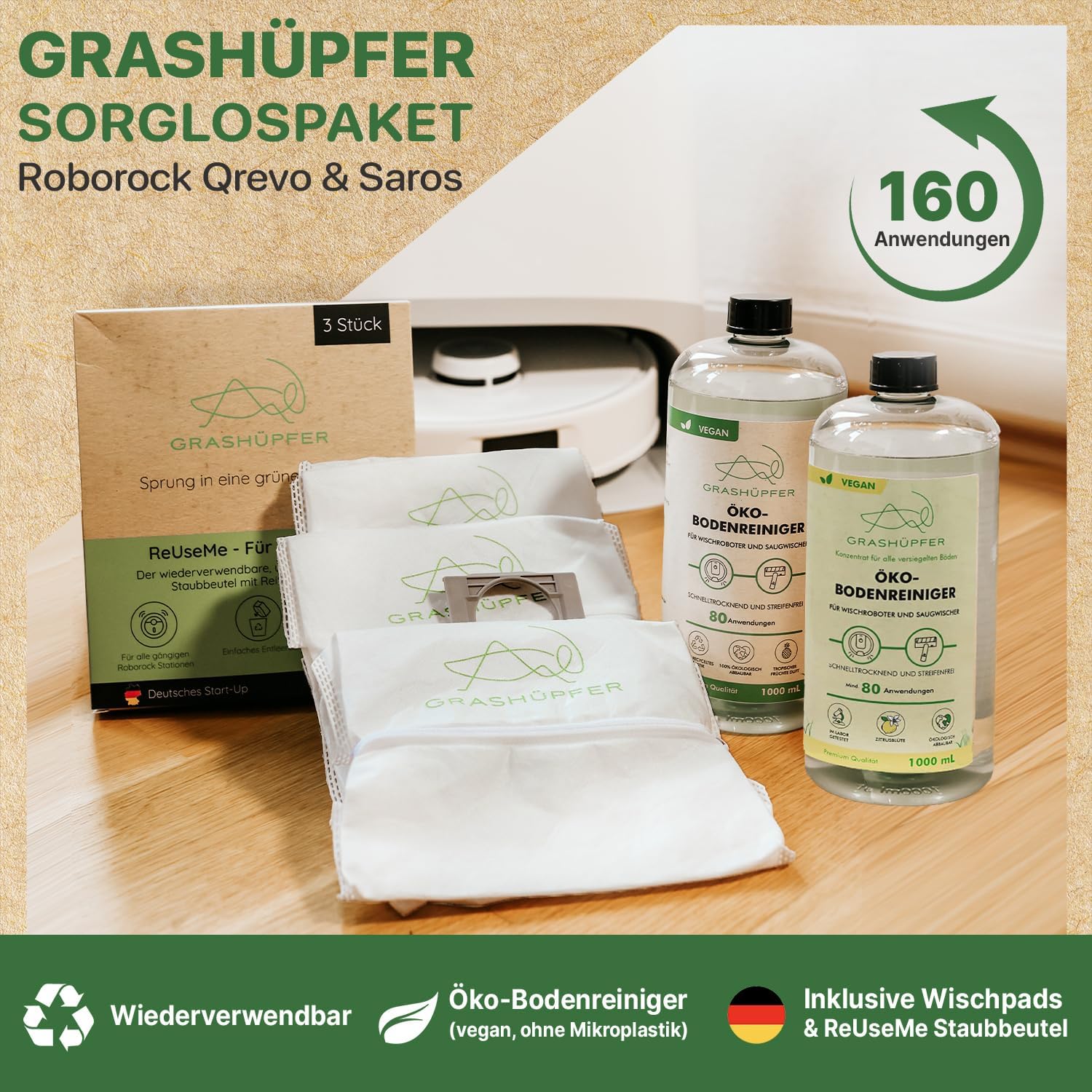 Thumbnail 1 de GRASHÜPFER® Zubehör-Set für Roborock Qrevo/Saros: 2× Öko-Bodenreiniger, wiederverwendbare Staubbeutel & waschbare Wischpads