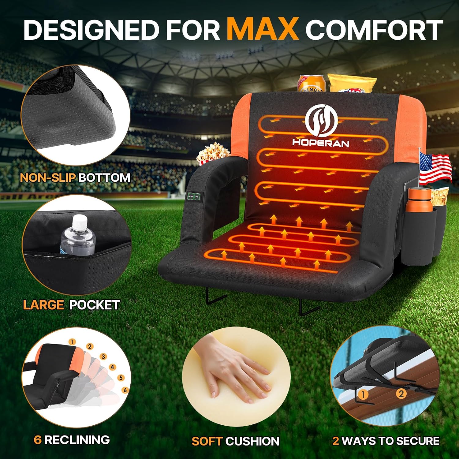 Detalle de HOPERAN JRZY-SK-OR Heated Stadium Seat, Dual-Zone Heat, 6 Recline Positions
