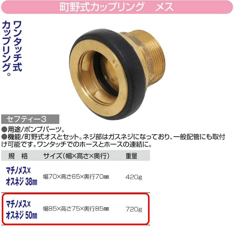 Detalle de セフティー3 43211-7958 町野式カップリング 50mm 町野メス×オスネジ