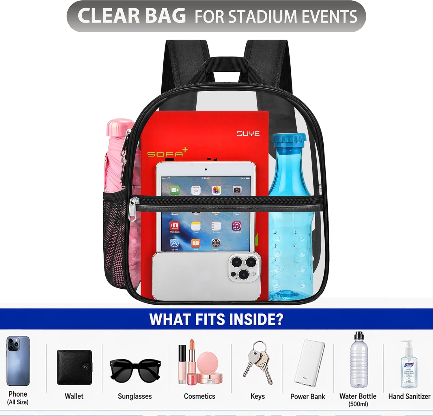 Thumbnail 4 de Oraben Clear Backpack Stadium Approved (12 x 6 x 11 in) — Small Transparent PVC Bag for Events & Travel