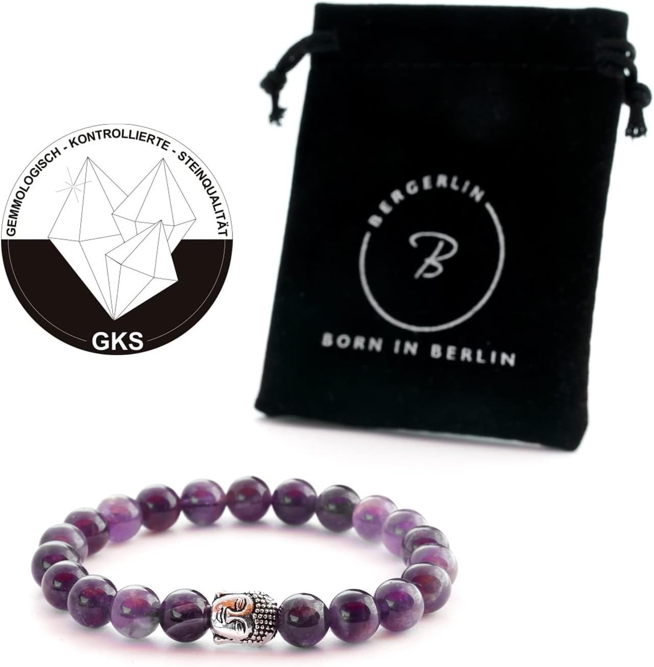 Detalle 2 de BERGERLIN Buddha Armband mit Amethyst-Perlen – geprüfter Naturstein in Deutschland, mit Echtheitszertifikat