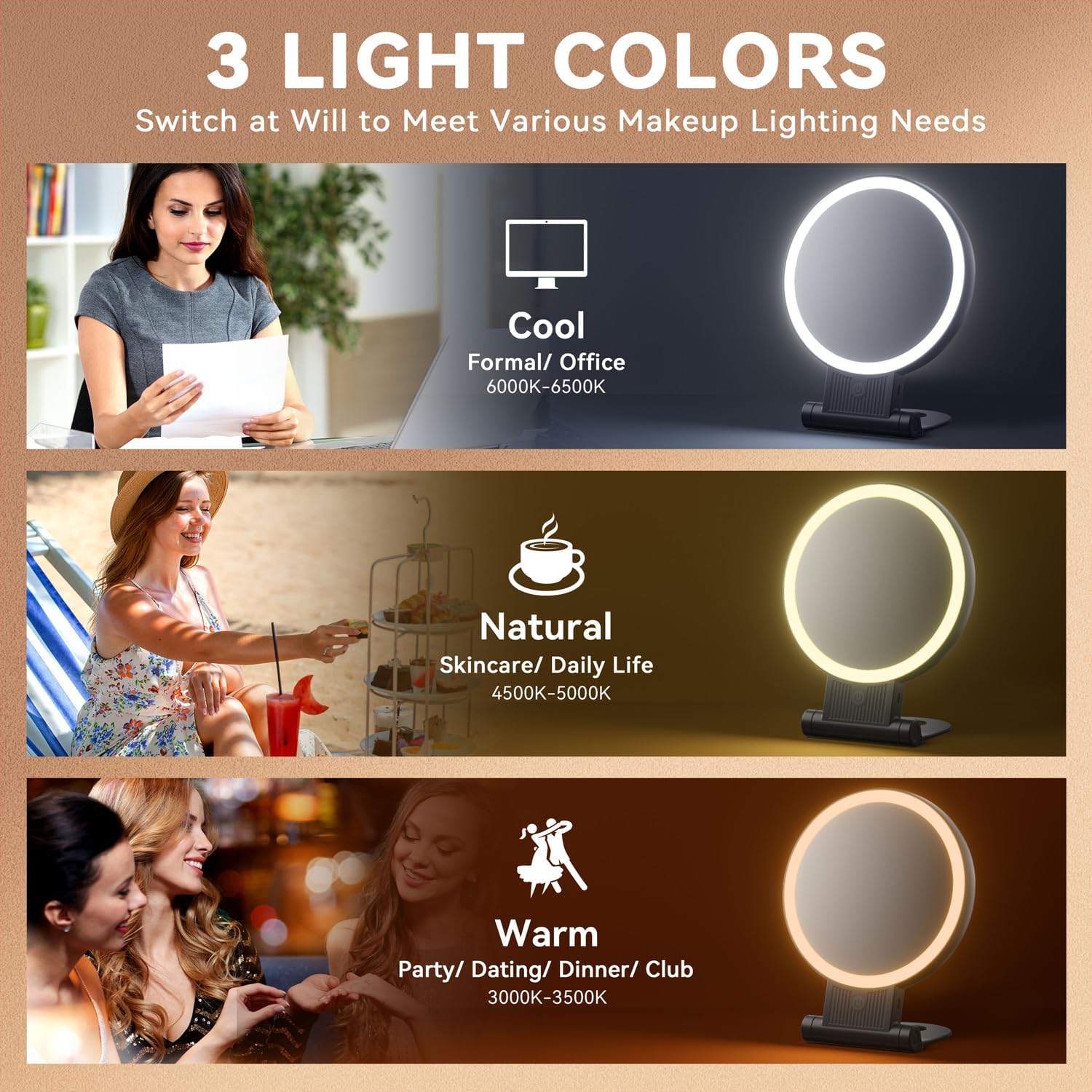 Thumbnail 3 de Auxmir Kosmetikspiegel mit Beleuchtung – 30X/1X doppelseitig, dimmbar, 3 Lichtfarben, 2000 mAh, faltbar