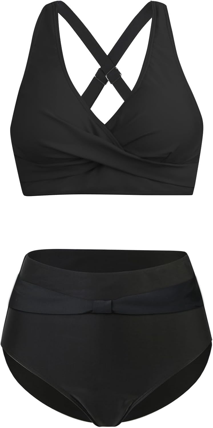 Detalle de Adigaber Damen Zweiteiliger Bikini mit V-Ausschnitt, überkreuztes Blumenmuster – Bauchkontrolle und sommerliche Bademode