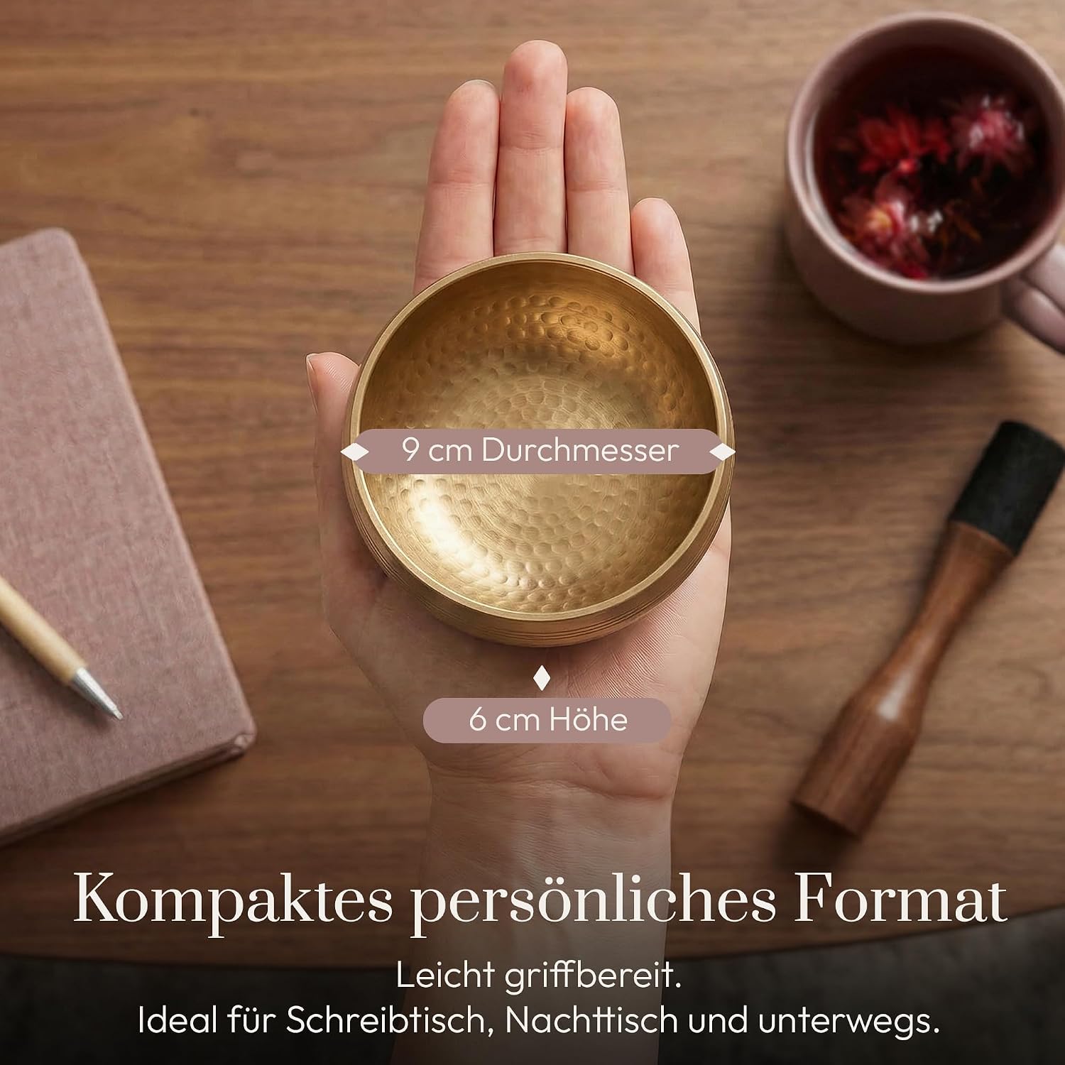 Detalle de Silent Mind Klangschale Ø9 cm Bronze – Handgefertigtes Komplett-Set für Anfänger