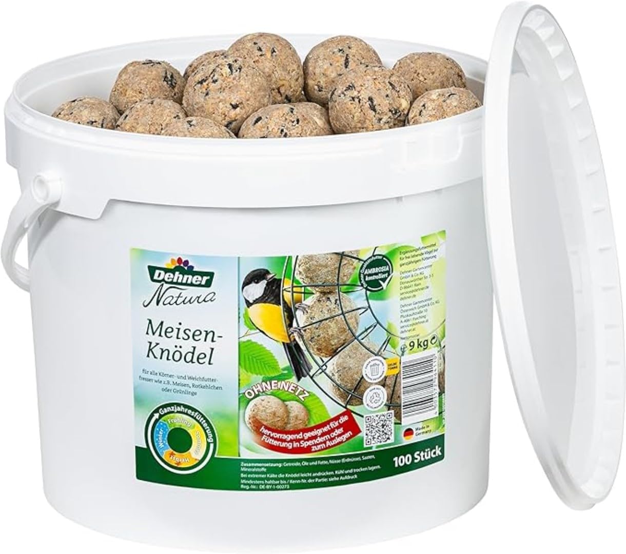 Detalle de Dehner Natura Vogelfutter – Premium Ganzjahresfutter für Meisen und Rotkehlchen, 9 kg im Vorratseimer (100 Stück, Fettfutter mit Nüssen, ohne Netz)