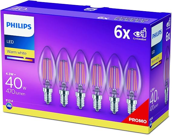 Detalle de Philips LED Classic E14 4W Bombillas Blanco Cálido Pack 6