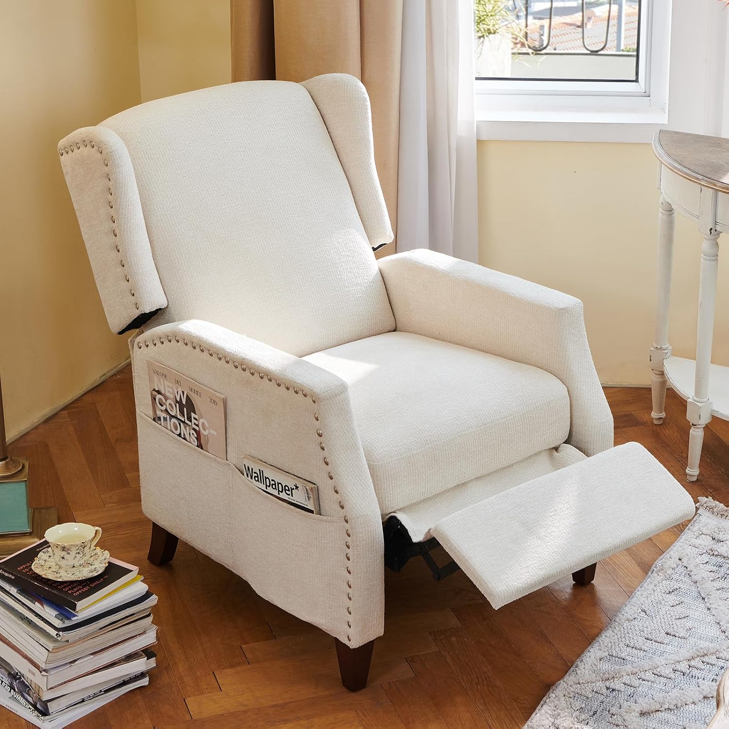 Detalle de COLAMY W502 Wingback Pushback Recliner Chair, Beige Chenille with Side Pocket