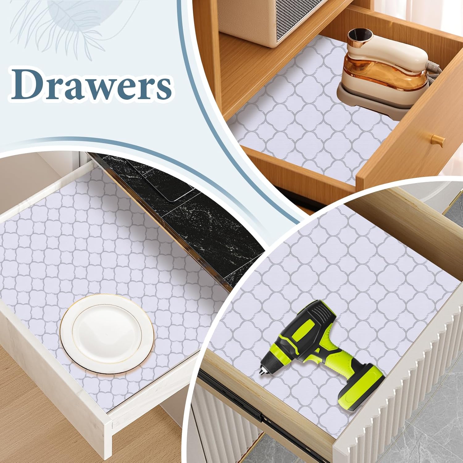 Thumbnail 3 de Shelf Drawer Liners for Kitchen Cabinets Non-Adhesive: Thickened PVC with Gold Quatrefoil Pattern (17.3 x 236.2 Inches)