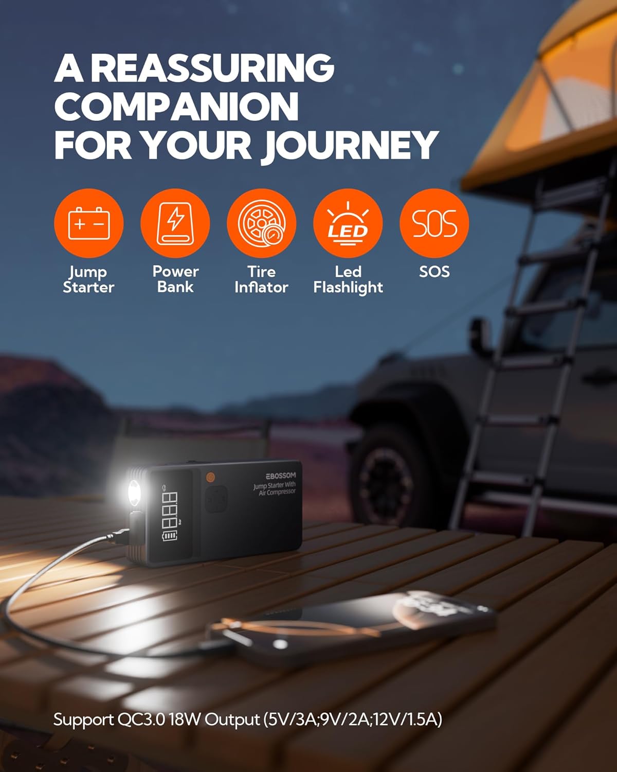 Thumbnail 4 de EBOSSOM Booster Avviamento Auto Spark JC8 da 8.000 mAh con compressore aria portatile e kit 7 in 1