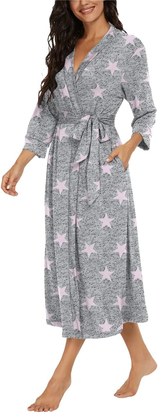 Detalle 2 de PrinStory Damen Bademantel mit 3/4-Ärmeln und V-Ausschnitt (Kimono-Robe) – leichter Morgenmantel
