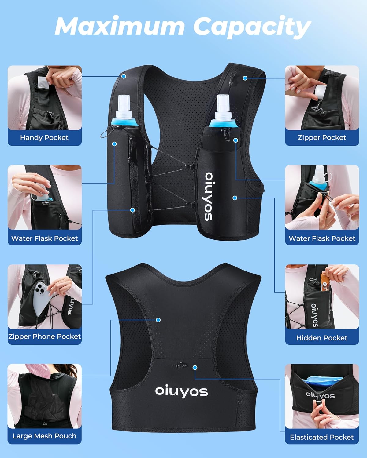 Thumbnail 4 de Oiuyos Running Vest for Women & Men — Adjustable Chest Straps, 500ml Hydration Flask, 8 Pockets, Lightweight Reflective Vest