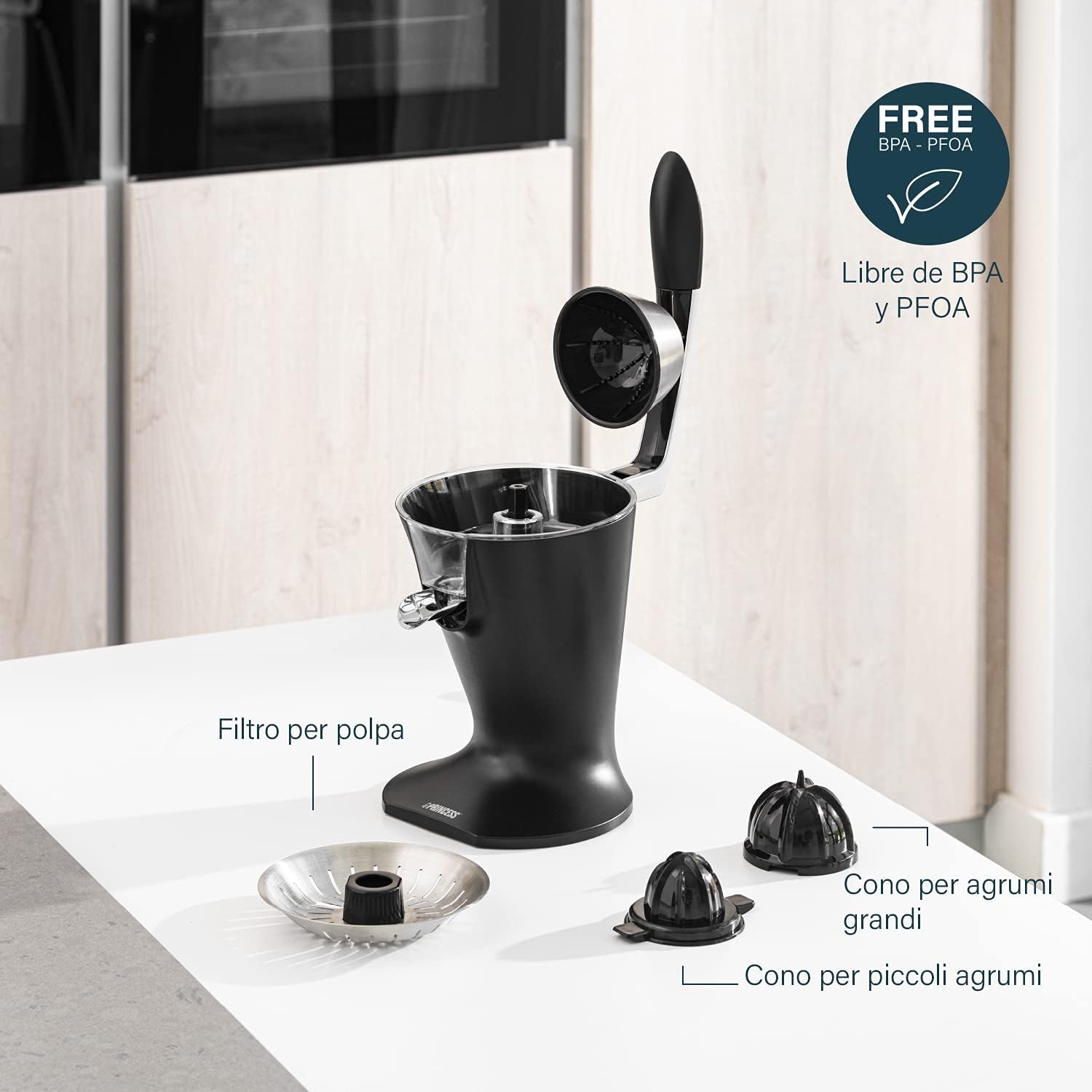 Detalle 2 de Princess spremiagrumi a leva 300 W in acciaio inox nero opaco 201857