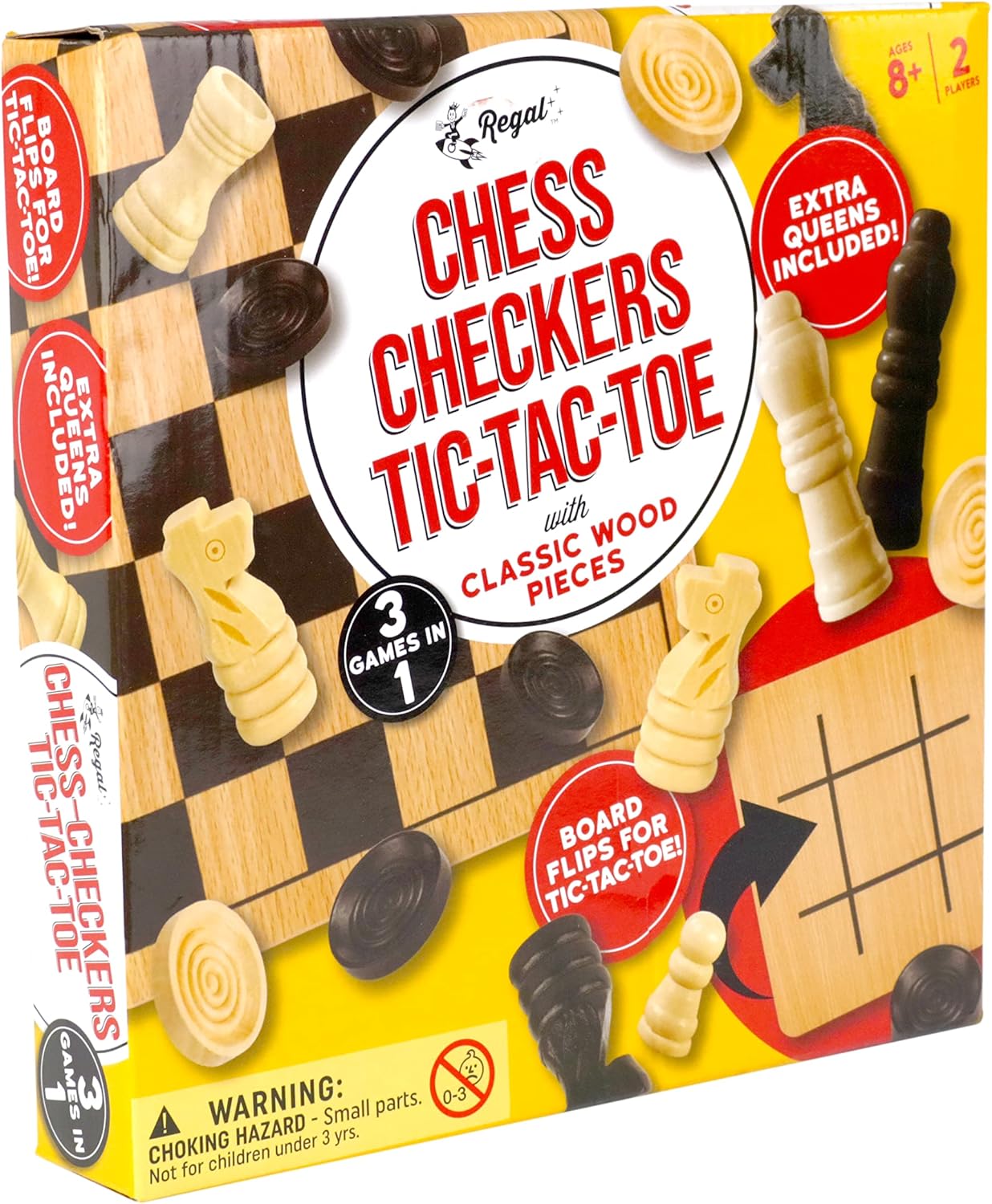 Thumbnail 3 de Regal Games Reversible Wooden Board for Chess, Checkers & Tic-Tac-Toe (24 Interlocking Checkers + 32 Chess Pieces)