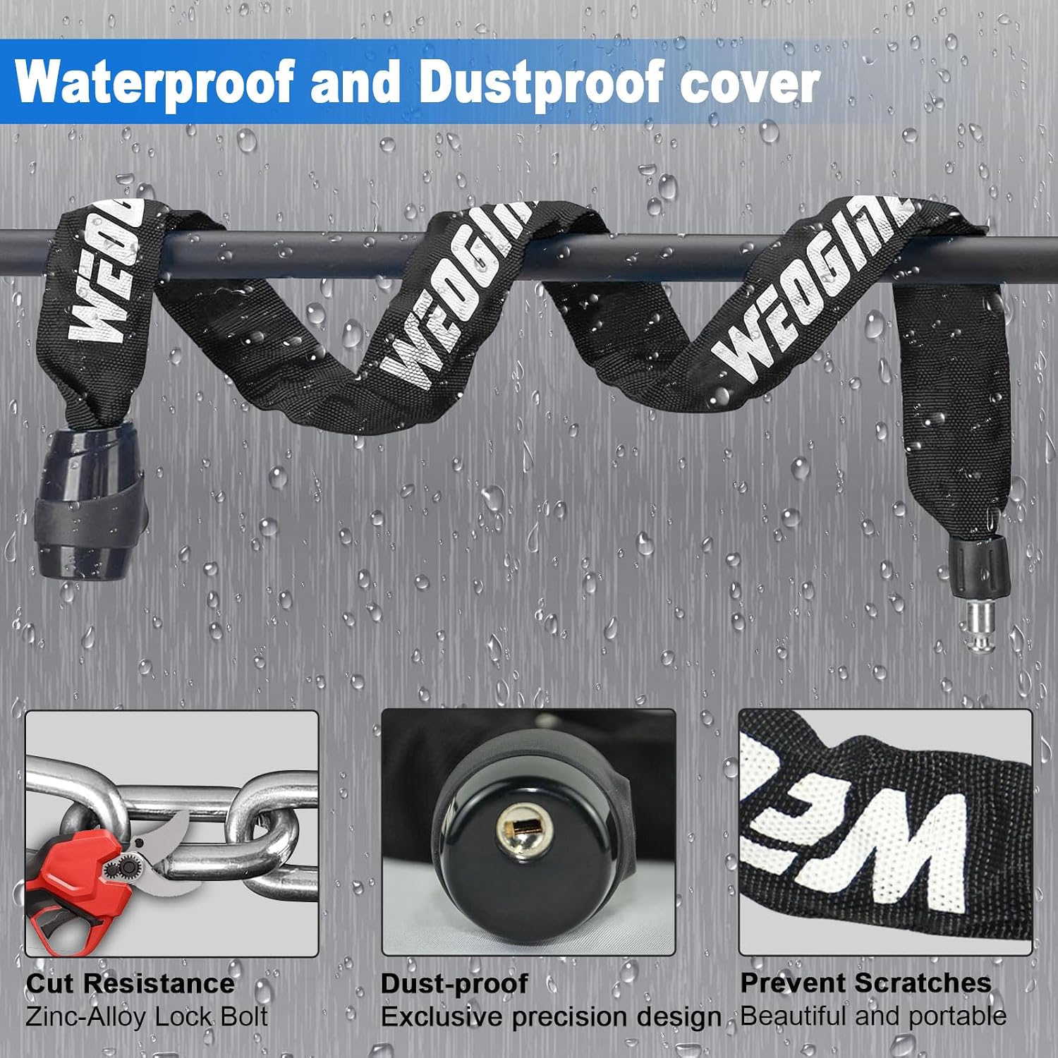 Detalle 2 de Weogine WCS-black4-1 Bike Chain Lock, 2.72 ft, 4mm Chain, 3 Keys