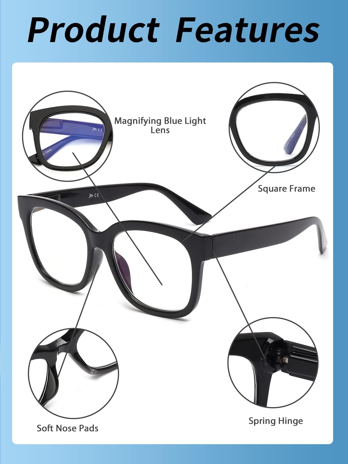 Detalle de JM 3 Pack Oversized Reading Glasses for Women with Blue Light Blocking Lenses & Spring Hinge (Large Square)