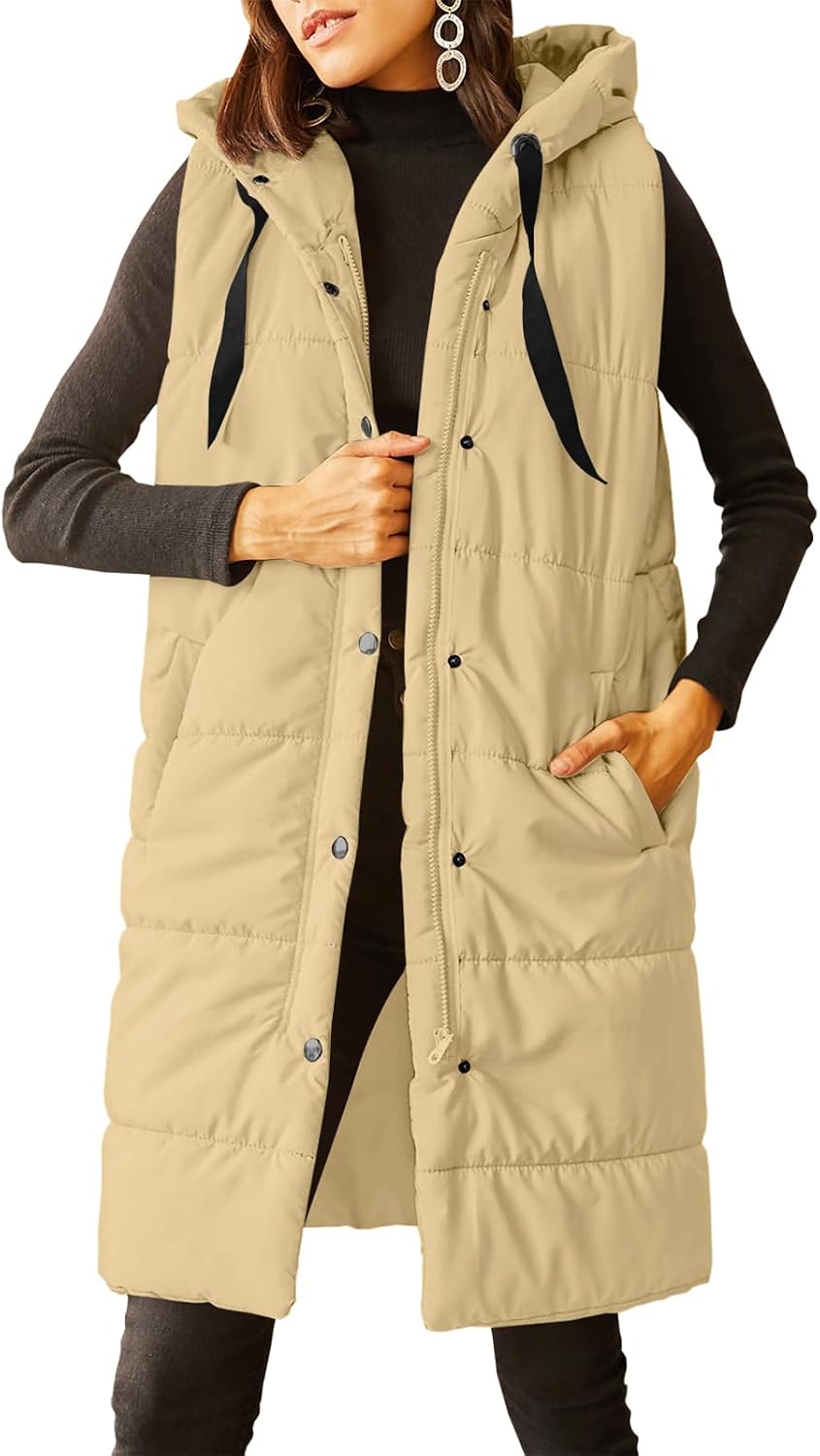 Detalle de Grlasen Women's Long Quilted Puffer Vest with Hood, Pockets and Drawstring