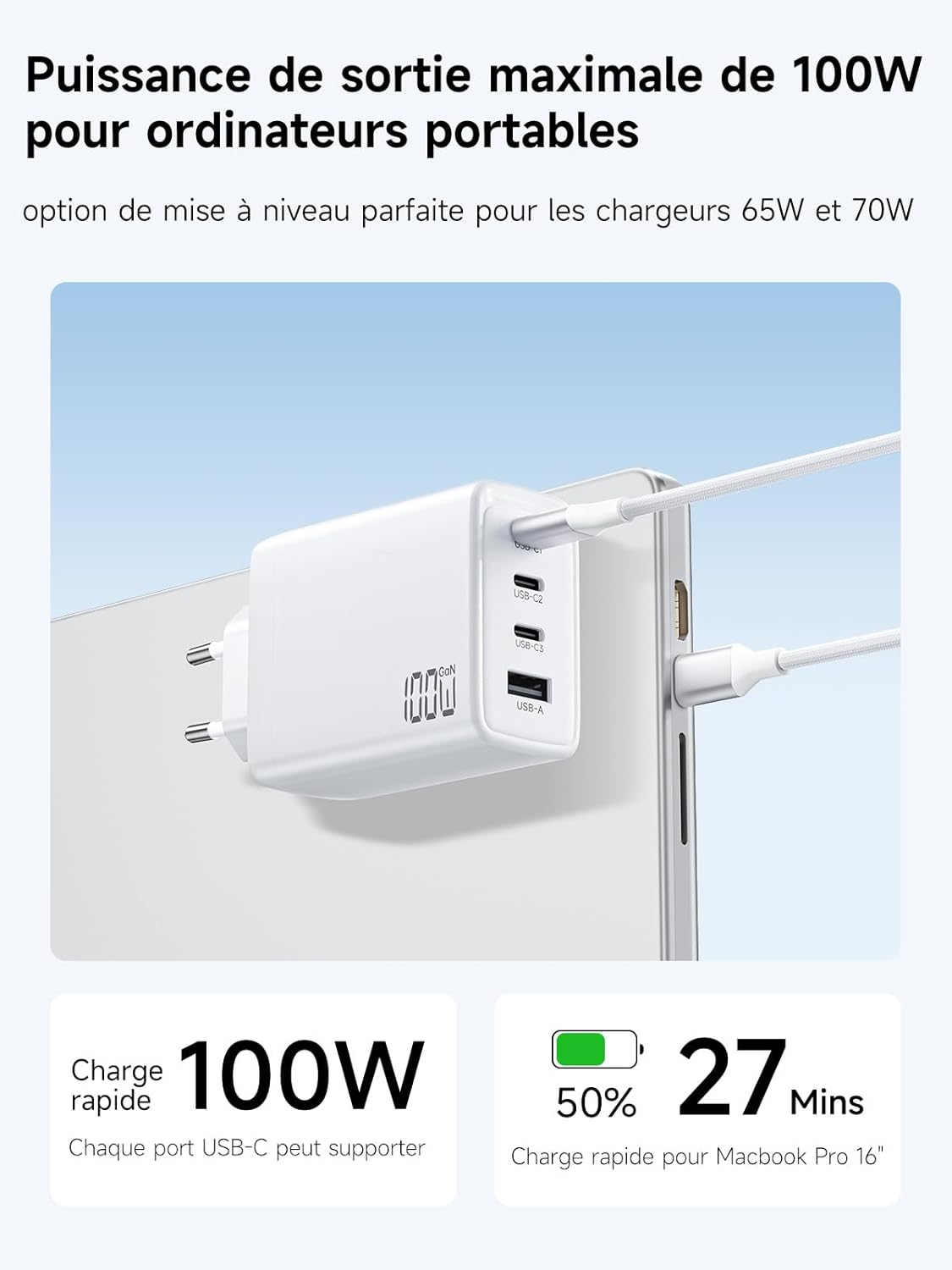 Thumbnail 3 de Chargeur USB-C GaN 100W 4 ports pour ordinateur portable (3×USB-C + 1×USB-A) + câble USB-C 2 m