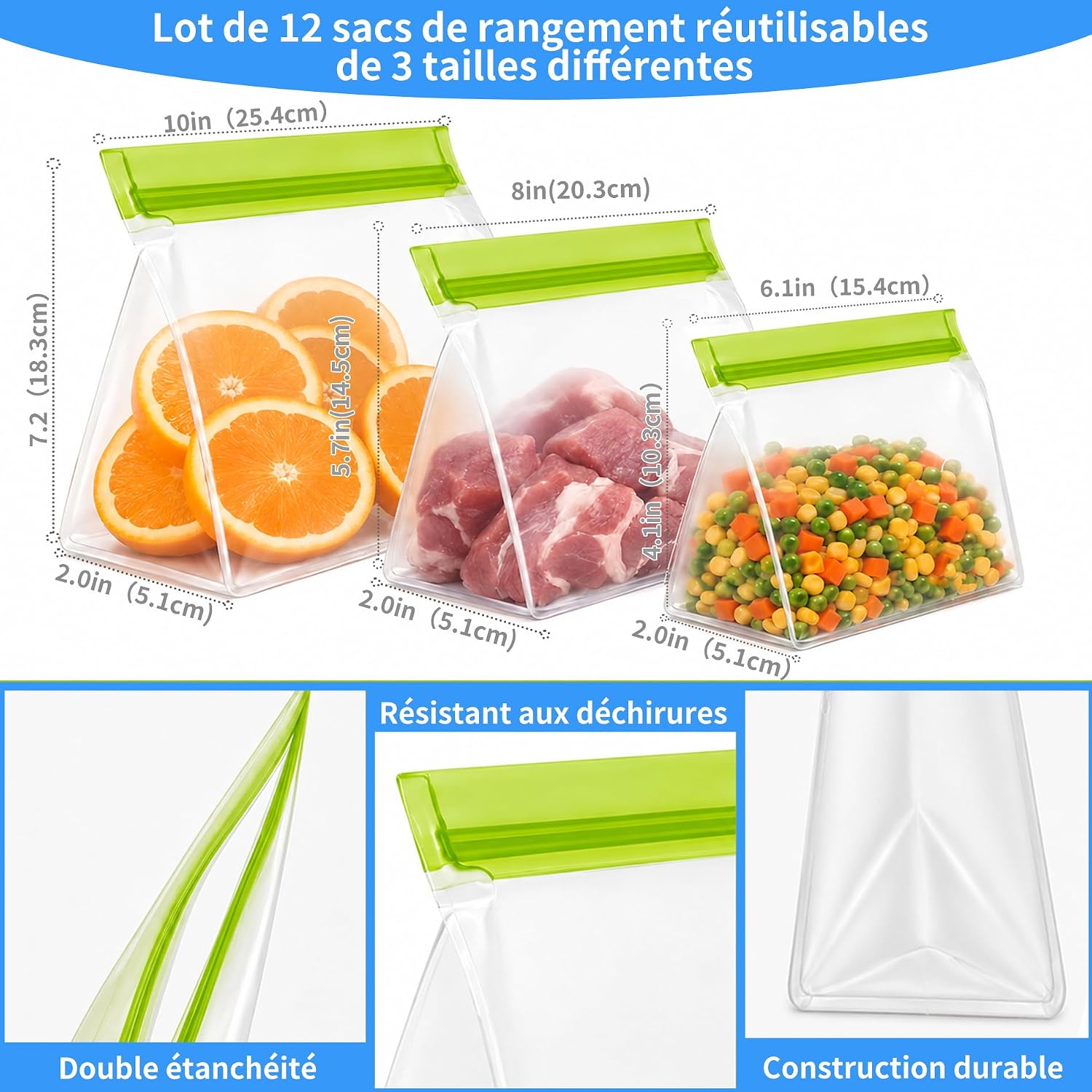 Detalle 2 de MakMeFre GreenS4M4L4JeRe herbruikbare voedselzakken, 12 stuks in 3 formaten