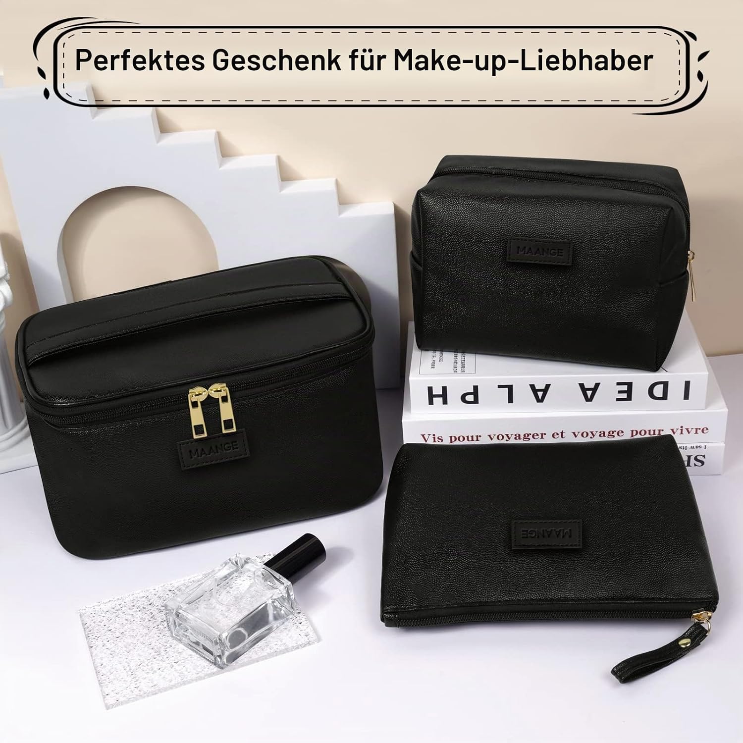 Thumbnail 6 de MAANGE 3er-Set Kosmetiktaschen (L+M+S) aus PU-Leder, wasserfest – Schwarz