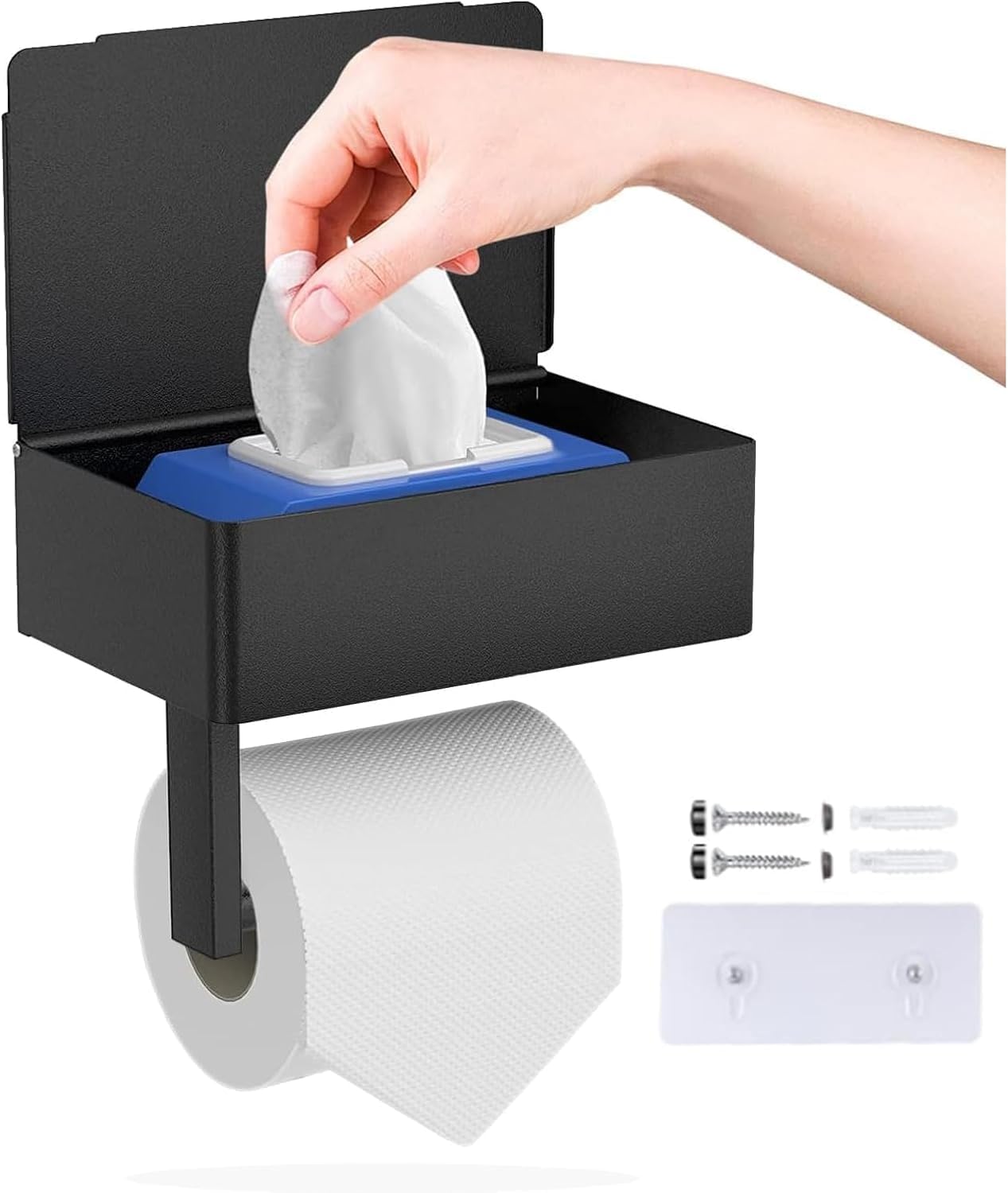 Detalle de GUIGUZI WSZJ-BE toiletrolhouder met vochtige doekjesbox, zwart staal