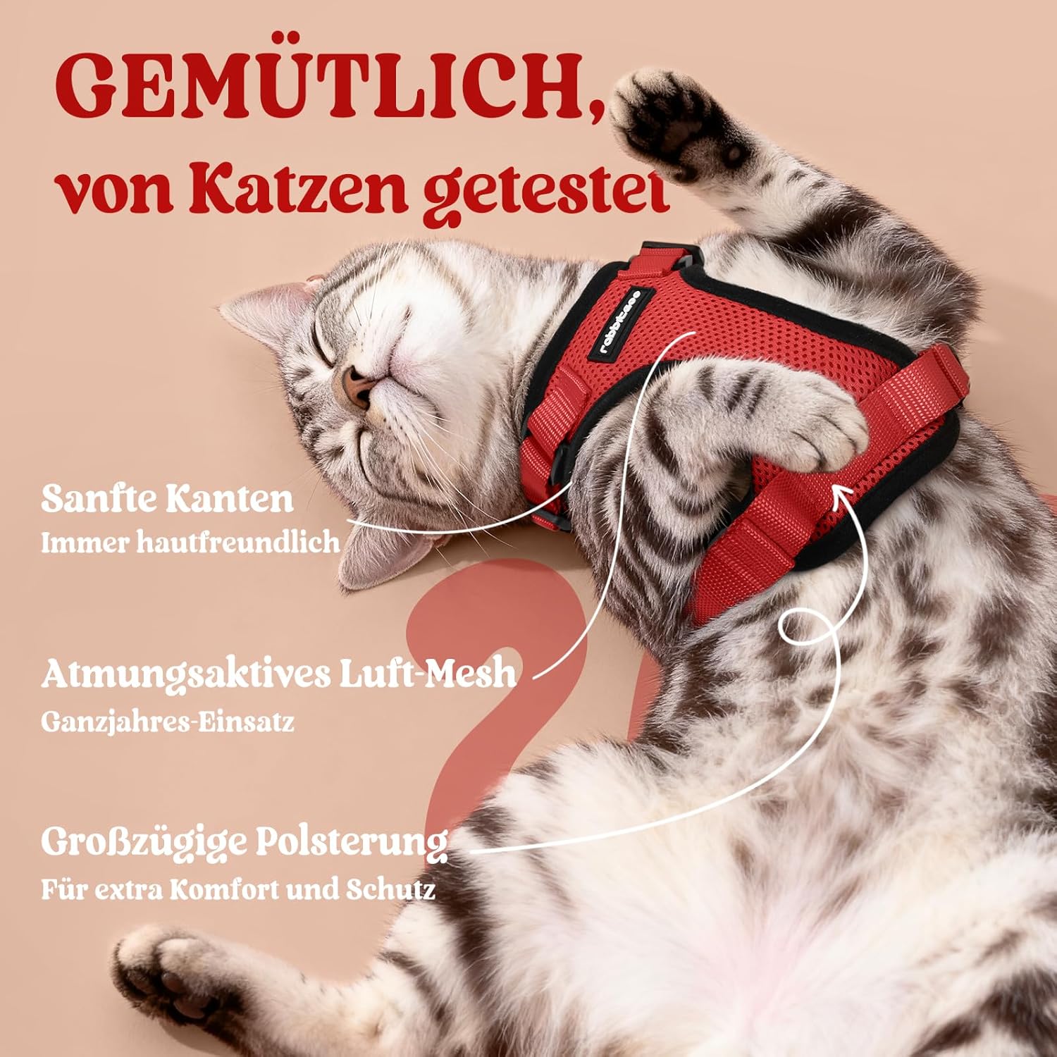 Thumbnail 3 de rabbitgoo Katzengeschirr mit Leine Softgeschirr (Brustgeschirr) – ausbruchssicher, verstellbar, rot, inkl. Leine