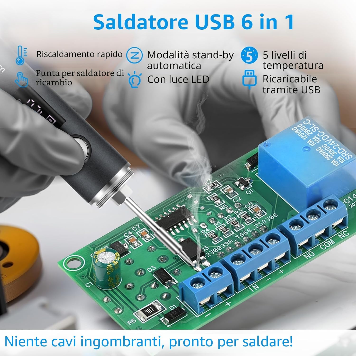 Detalle 2 de diymore Set saldatore a batteria: saldatore senza fili USB con 5 modalità di temperatura (260–420°C) e 3 punte