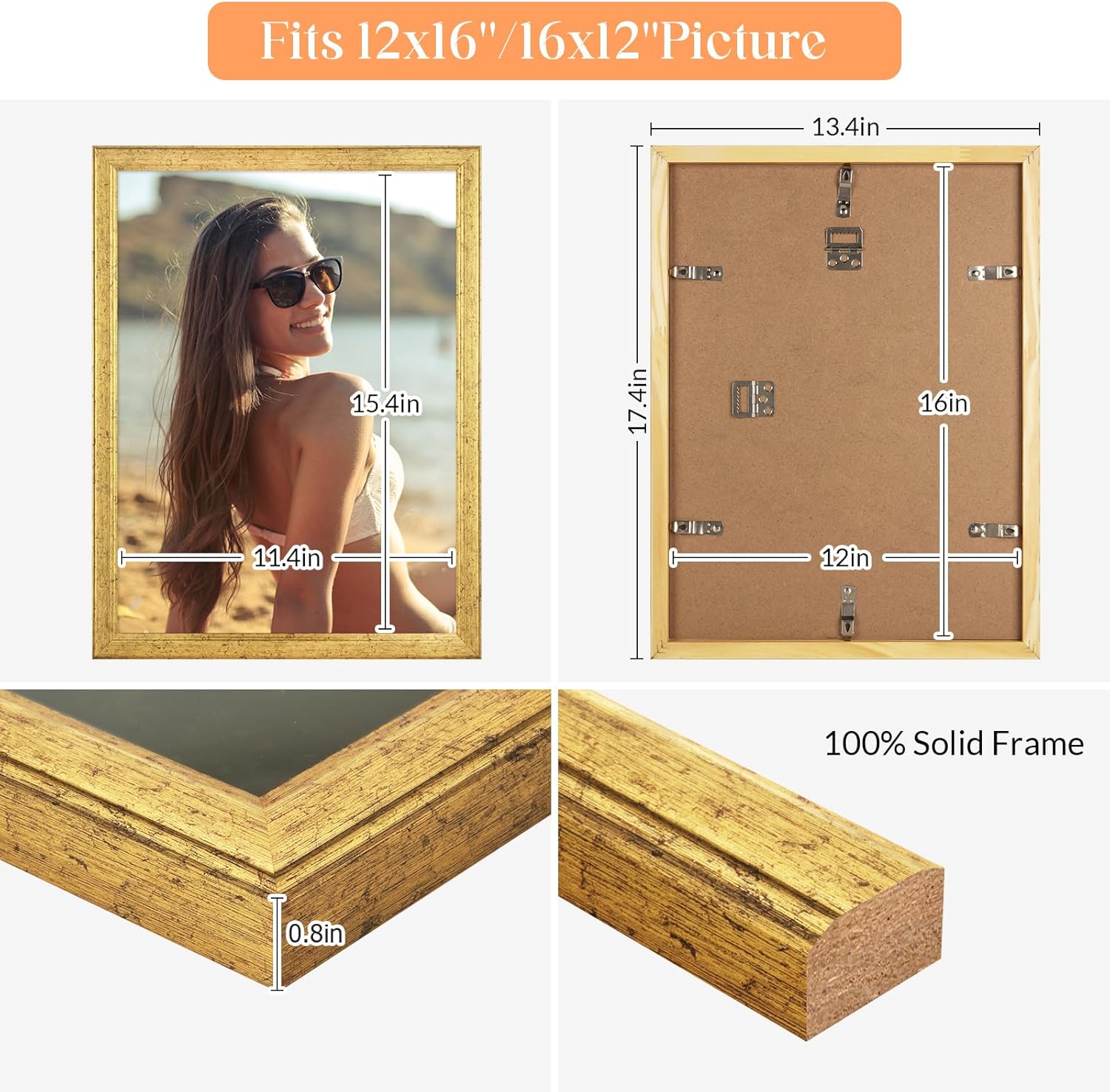 Thumbnail 4 de MOUDAMION 12x16 Wood Picture Frame Gold - Ornate, Natural Finish, HD Plexiglass, 12x16 / 16x12 Display