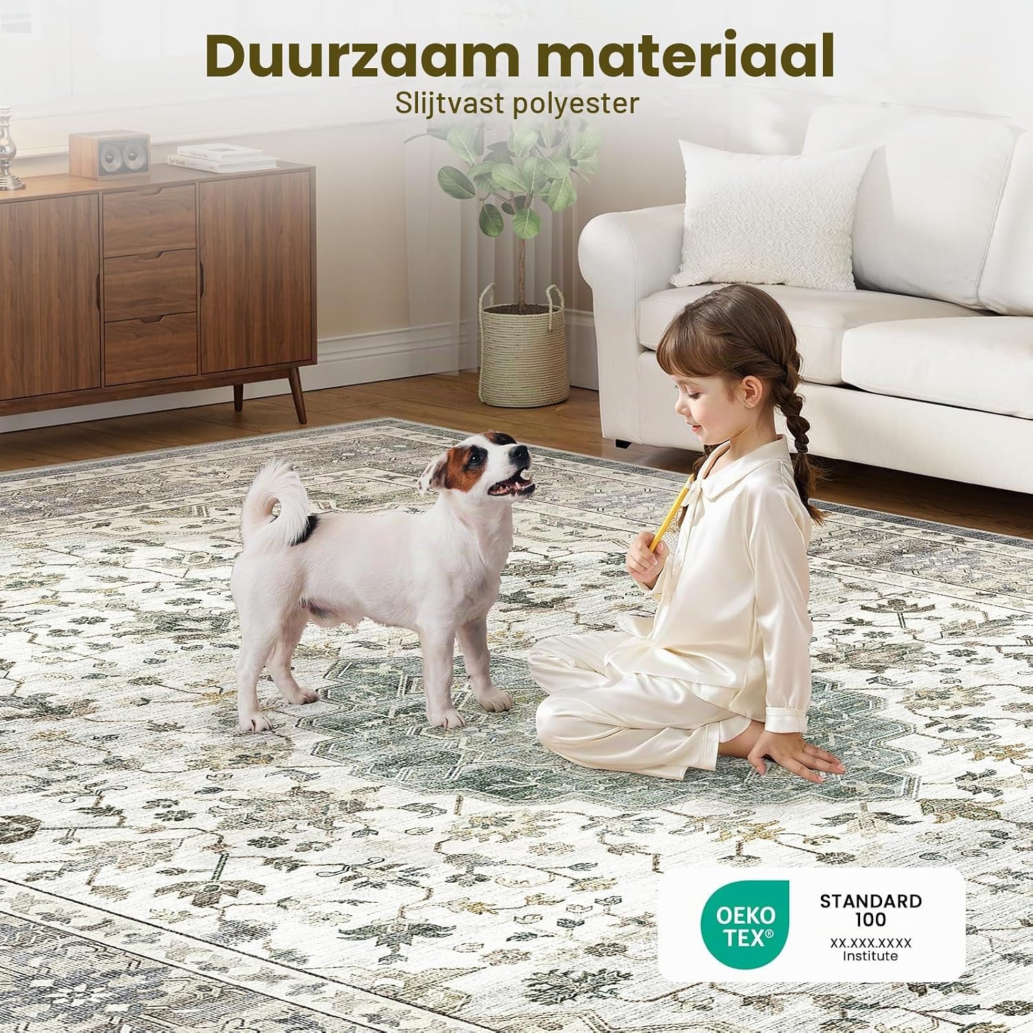 Detalle 1 de HOMFINE Vintage Alfombra vloerkleed 200 x 300 cm, lichtgroen met bloemenpatroon
