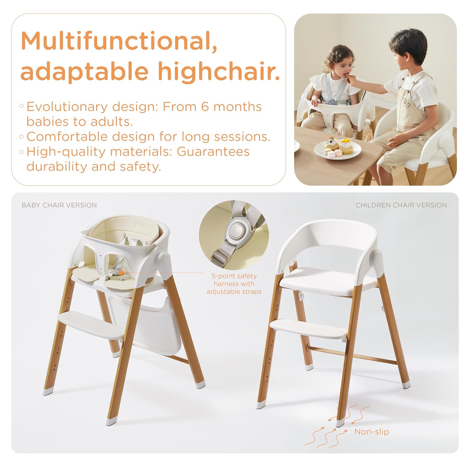 Detalle 2 de KUB Foldable Baby High Chair, White with Wood-Print Metal Frame
