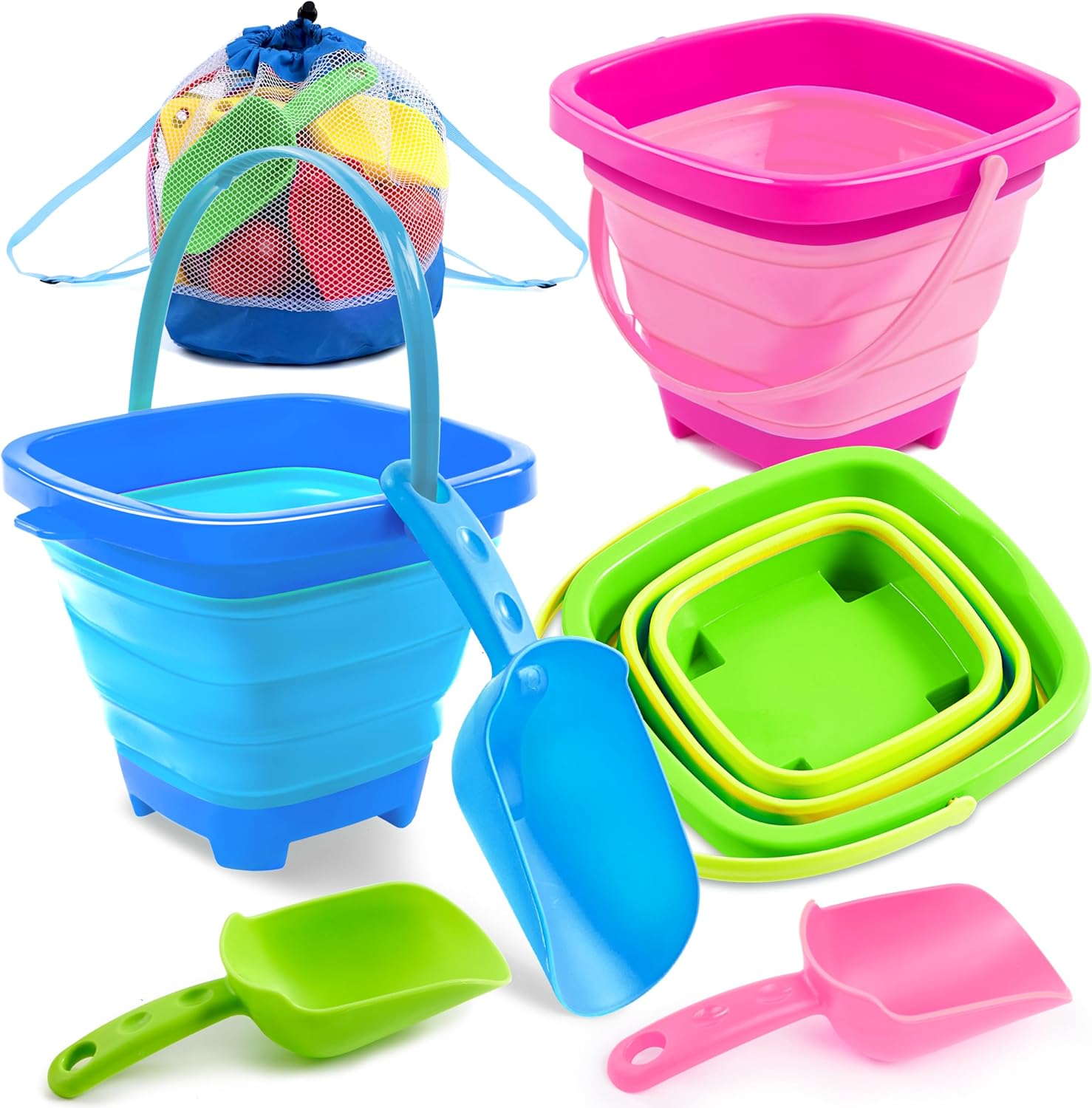 Detalle de Sloosh 3-Pack Collapsible Sand Toys – Square Foldable Pail Buckets with Shovels (Pink/Blue/Green)