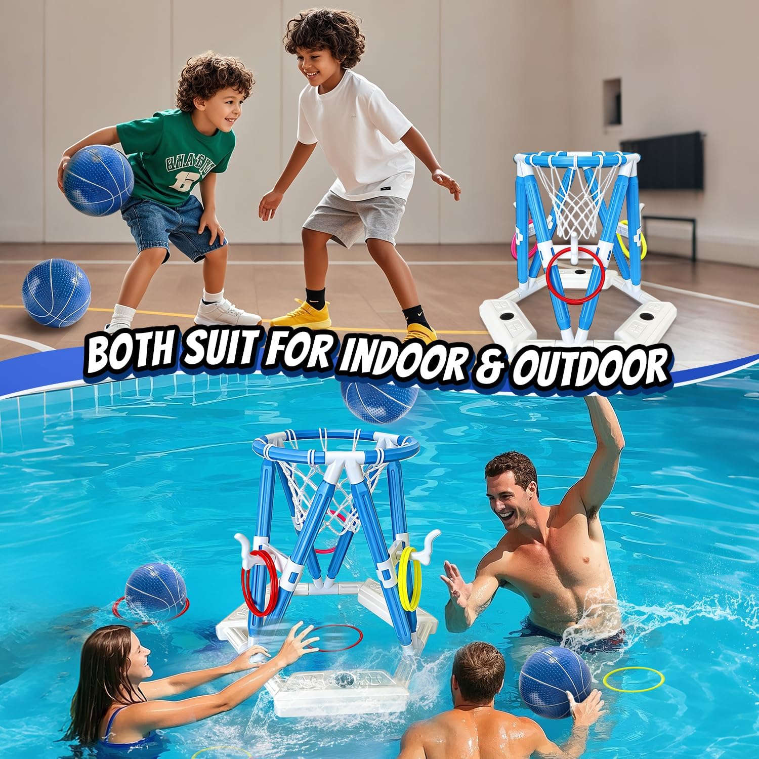 Detalle de 2-in-1 Pool Basketball Hoop & Ring Games - Floating Pool Toys for Kids and Family Fun
