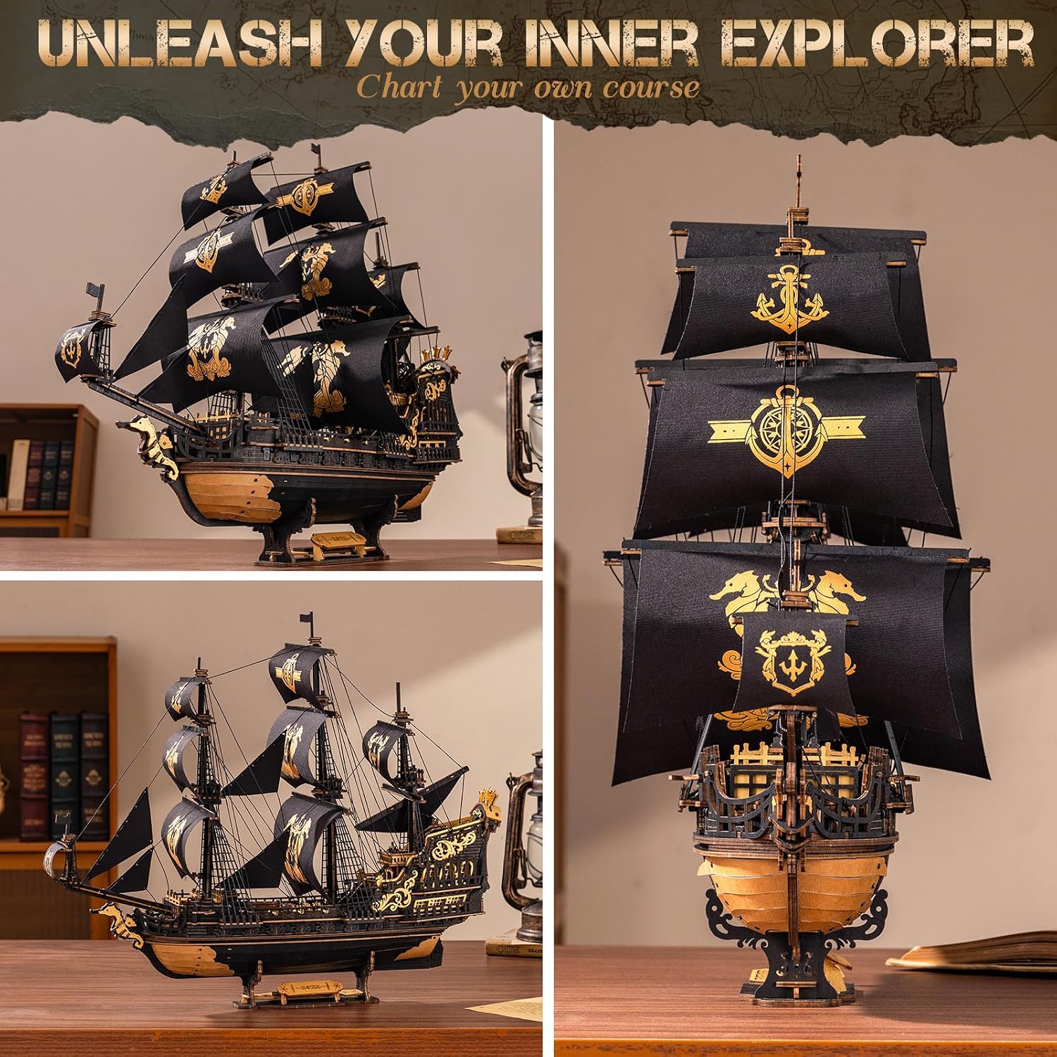 Detalle de ROKR The Seahorse Barque 603-piece wooden ship kit
